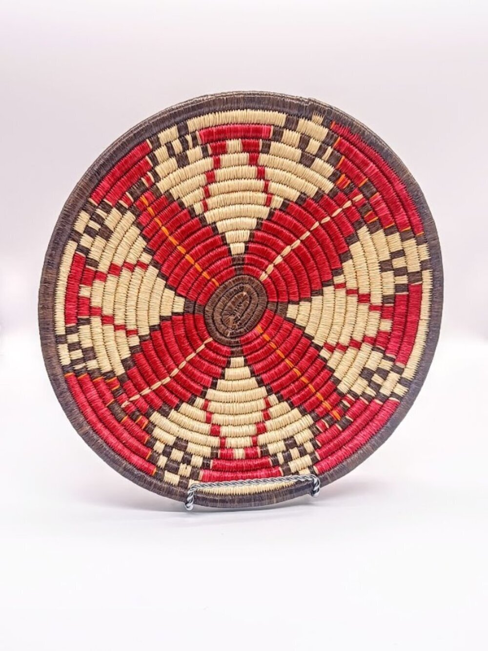 Hand-Woven Navajo Style Red Brown Cream Coiled Basket